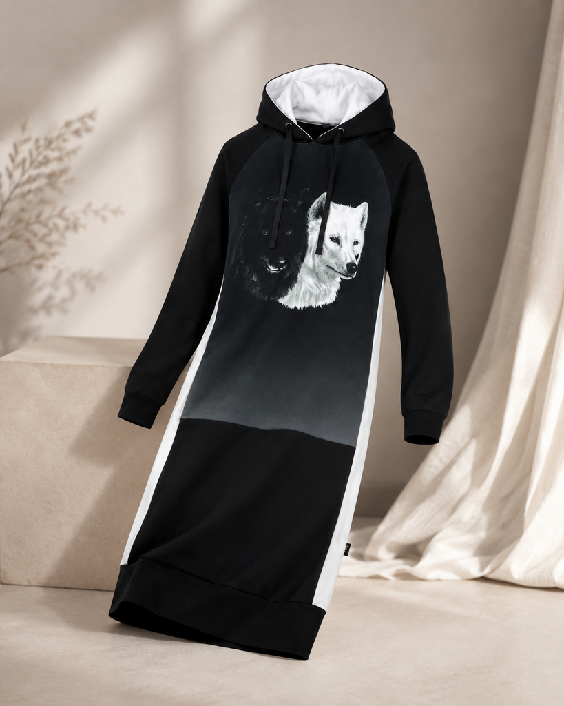 Kapuutsiga naiste dresskleit Black and White Wolves 3-02.png