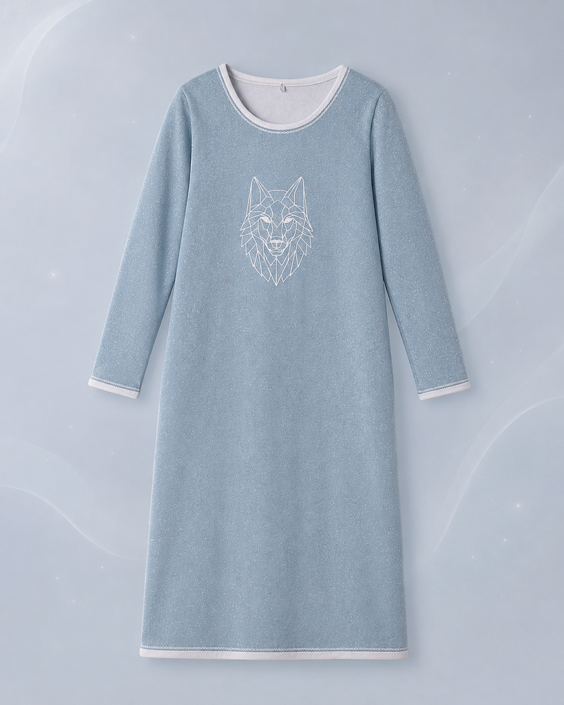 Naiste seest uhutud sädelevast dressikangast dresskleit Tikitud hunt-02.png
