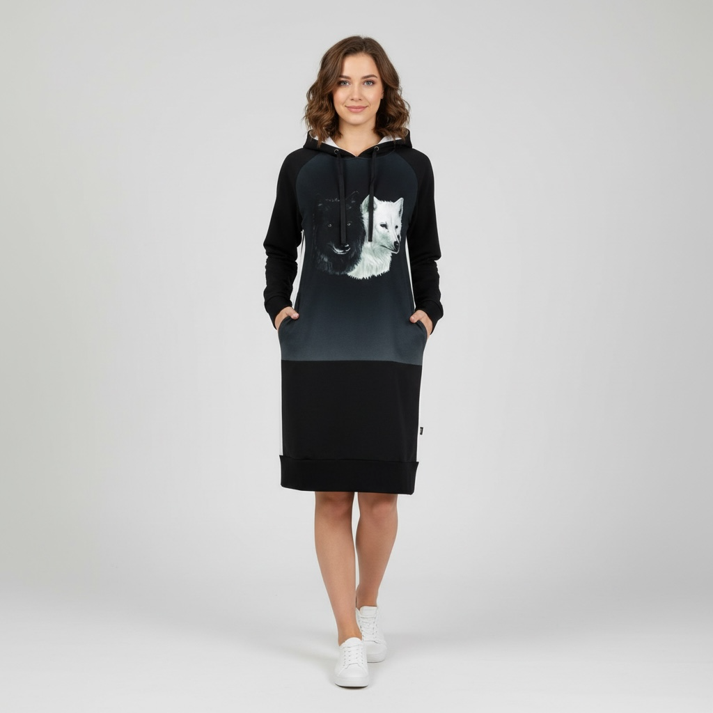 [KNDKBWW3-34] Kapuutsiga naiste dresskleit Black and White Wolves 3 (34)